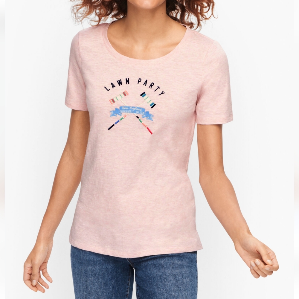 NWOT Talbots "Lawn Party" Tee Women's S Pink Cotton Embroidery Casual Outdoor